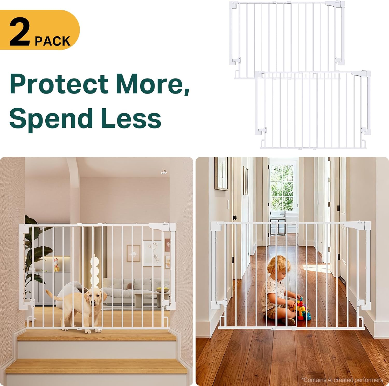 Cumbor 2 Pack 29.2-43 No Bottom Bar Baby Gate for Stairs, 2-in-1 Auto Close Dog Gate Indoor, Hardware Mounted Pet Gate for Doorways with Large Walk Thru Door, Child-Proof Safety Gate for Kids (White)